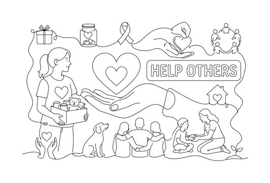 Altruism Charity Kindness. Clean one-line drawing banner composition showing a volunteer beside an oversized helping hand and donation heart, goodwill path stretching edge to edge with small gift box,