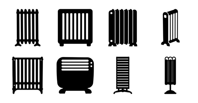 Black heater and radiator icons collection - Simple black and white vector icons showing different styles of heaters and radiators for various uses.
