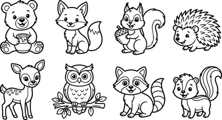 Obraz premium Set of cute forest animals in cartoon line art style for kids coloring book page illustration
