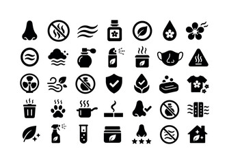 Obraz premium Smell No Smell. Solid glyph icon set of smell and no smell signs: nose, no smell sign, odor wave, fragrance bottle, clean label, scent drop, flower scent, neutral scent, aroma cloud, perfume bottle,