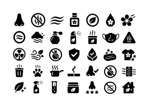 Smell No Smell. Solid glyph icon set of smell and no smell signs: nose, no smell sign, odor wave, fragrance bottle, clean label, scent drop, flower scent, neutral scent, aroma cloud, perfume bottle,