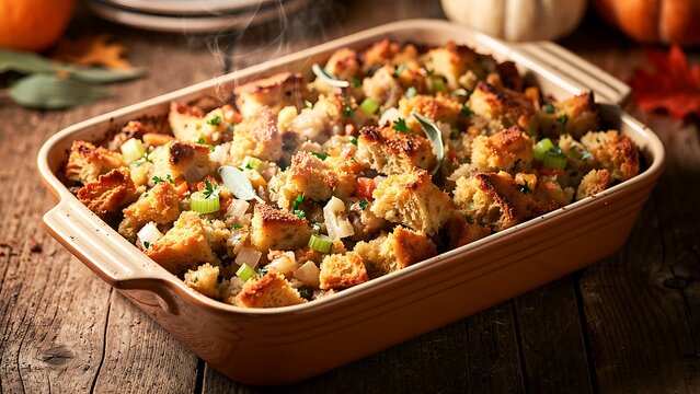 Homemade traditional bread stuffing in ceramic baking dish. Warm roasted savory dressing with herbs and vegetable for Thanksgiving dinner. Rustic holiday feast food presentation.