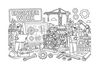 Obraz premium Engineering Machinery Industry. Clean outline line art banner with one wide engineering industry scene, two engineers beside oversized blueprint and giant machine engine, small details hard hat,