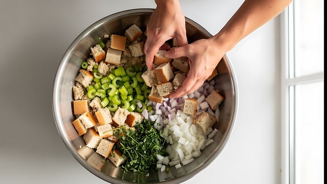 Woman preparing artisan bread stuffing in a large metal bowl. Fresh ingredients including diced celery, onions and herbs for Thanksgiving dinner. Culinary cooking process in home kitchen.