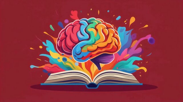 Brain book animation showing colorful creative thinking process with abstract liquid splash motion effects for digital educational video production