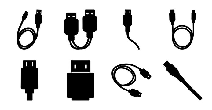 Assorted usb cable connectors and ports set - Black and white illustration of various USB connectors including types A, B, micro, and cables for digital devices.