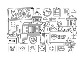 Naklejka premium Government Public Services. Clean outline line art banner with one wide government services scene, two citizens beside oversized parliament building and giant public service counter, small details