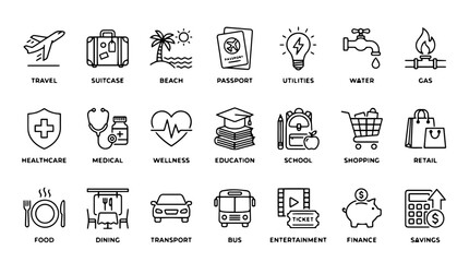 Fototapeta premium Daily life and personal finance line icons set featuring minimal black vector symbols for travel retail utilities health and education isolated on white background
