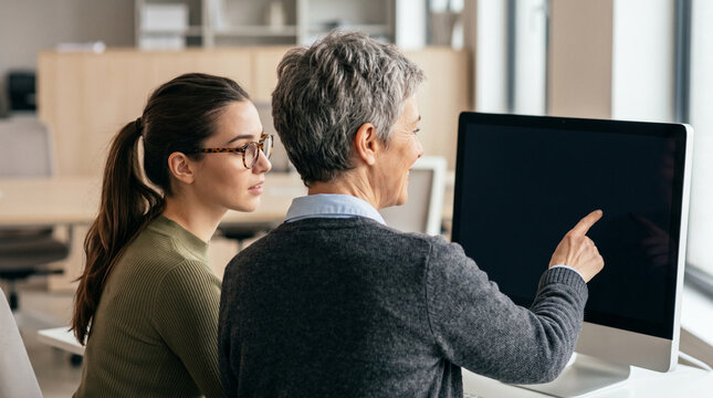 A male developer stands and points at lines of code displayed on a large monitor while coaching a female colleague at a bright open-plan tech office workstation.