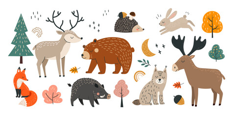 Woodland animal set featuring deer, bear, moose, fox, hedgehog, wild boar, rabbit, lynx, trees and forest elements in a Scandi style for nursery decor, childrens books, educational materials. Vector © Ilonka eva