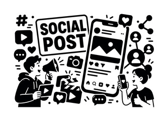 Fototapeta premium Social Media Content. Banner design, clean solid filled composition showing oversized smartphone feed and giant social network nodes, two creators sharing content near edges, small details of heart,