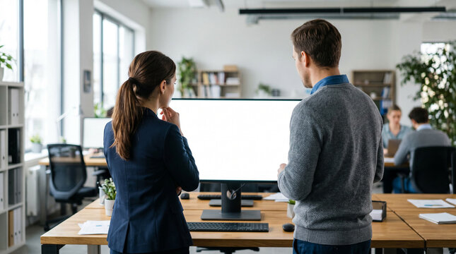A male and a female colleague stand facing a large blank interactive screen mounted on a wall in a modern workplace, perfect for business display and digital review concepts.