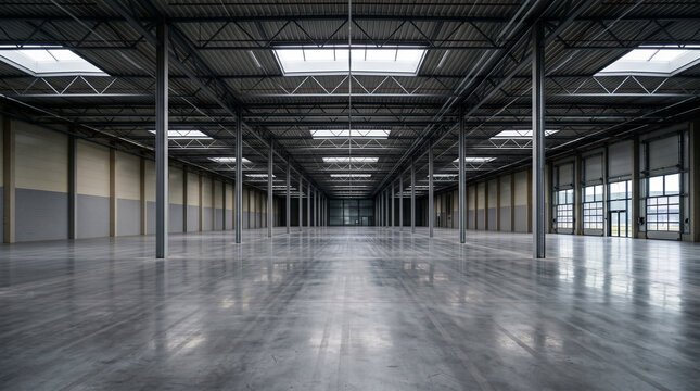 A vast empty industrial warehouse interior with a polished concrete floor, structural steel beams and clerestory windows stretches toward the distance, ideal for industrial and architecture concepts.