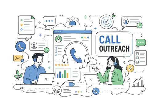Telemarketing Service Banner. Telemarketing, call center, customer outreach, phone sales and support communication banner with two geometric agents beside an oversized headset phone and large contact