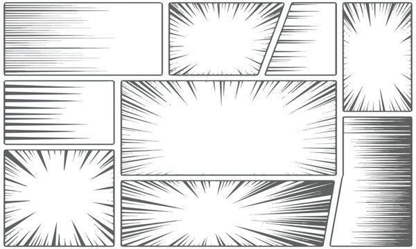Collection of empty comic book strip panels with action speed lines manga layout vector illustration