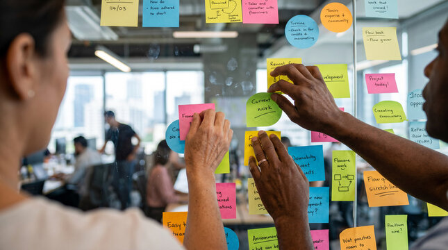 Two team members repositioning colorful sticky notes on a glass board during a fast-paced creative sprint in a startup office.