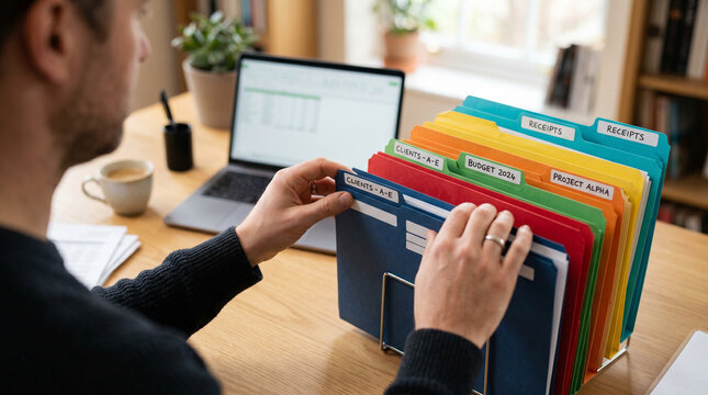 Person pulling a labeled color folder from a neat desktop organizer with client, budget, and project folders near an open laptop.