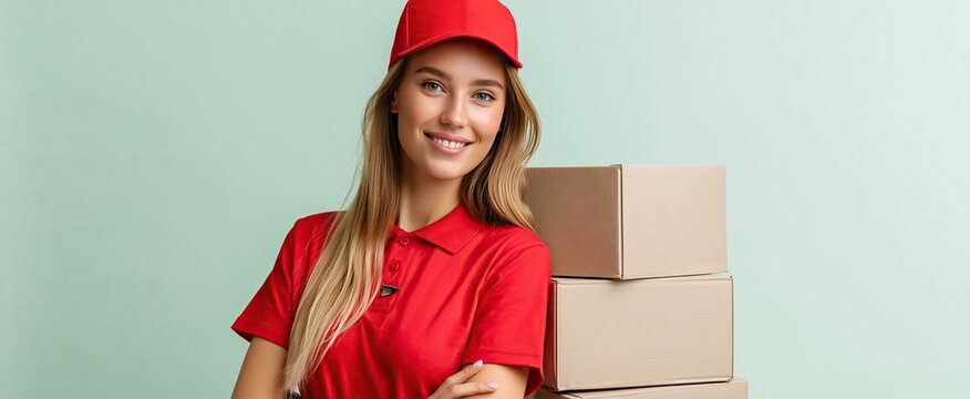 In a soft mint setting, a smiling female courier dressed in vibrant attire holds a stack of parcels, symbolizing dependable urban delivery.