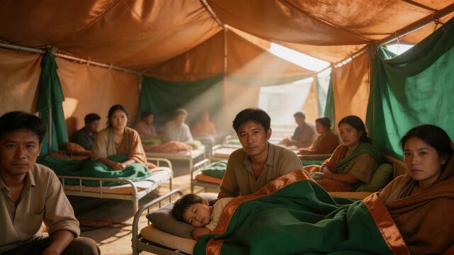 Somber people resting on cots inside a dimly lit medical or refugee tent. Family with a sleeping child in a field hospital during a humanitarian crisis