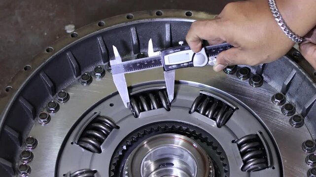 Close-up of a mechanic's hand using a digital vernier caliper to check the clearance or size of a damper spring inside an automatic transmission torque converter assembly.