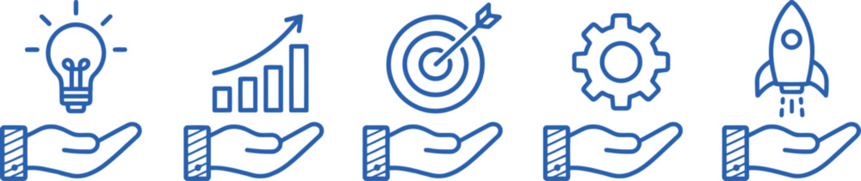 Business strategy and startup growth line icon set
