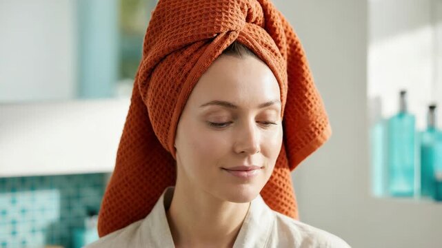Woman with an orange towel wrapped around her wet hair in a bathroom. Relaxing after a shower or hair treatment
