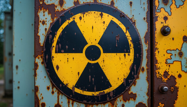 Rusty warning sign featuring radioactive symbol on weathered metal surface. This iconic radioactive sign stands out against aged background showing wear and tear.