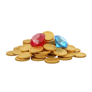 Pile of gold coins with red and blue gems