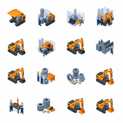 Naklejka premium Colorful Isometric Construction Vehicles and Equipment Set.