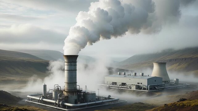 Geothermal power plant steam vent with clean energy infrastructure emitting water vapor in a misty natural landscape
