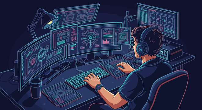 Programmer working on multiple computer screens with headphones on.