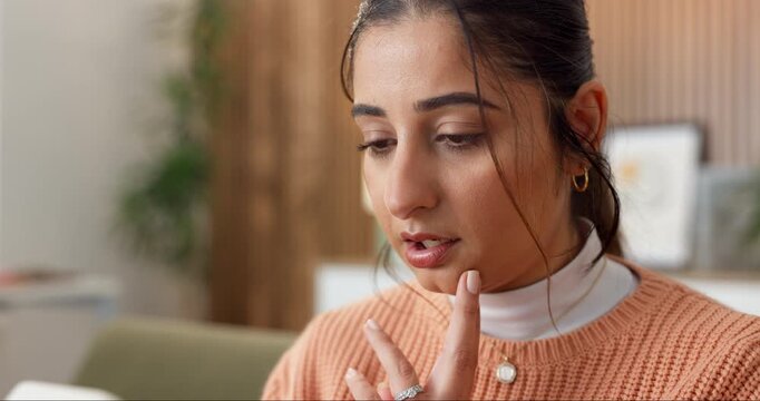Phone, shock and woman on sofa in home with blog on app for celebrity gossip, social media or texting. Surprise, wow and female person with cellphone for online alert, notification or announcement.
