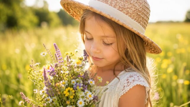 Smiling young girl in straw hat holding wildflower bouquet in sunny meadow, cheerful childhood portrait with warm summer countryside glow.