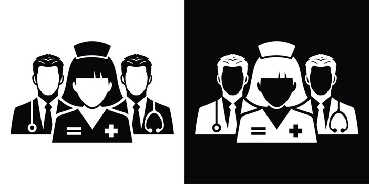Professional medical team graphics showing a female nurse in uniform with a cross badge and male doctors with stethoscopes. Black and white vectors.