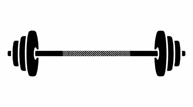 A black and white illustration of a barbell with weights on both sides