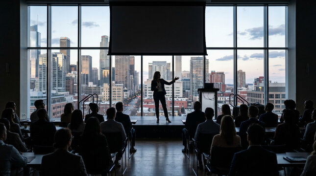 A female presenter stands before a large projected city-view screen and audience in a darkened high-rise conference room, conveying powerful leadership, keynote presentations, and corporate strategy t