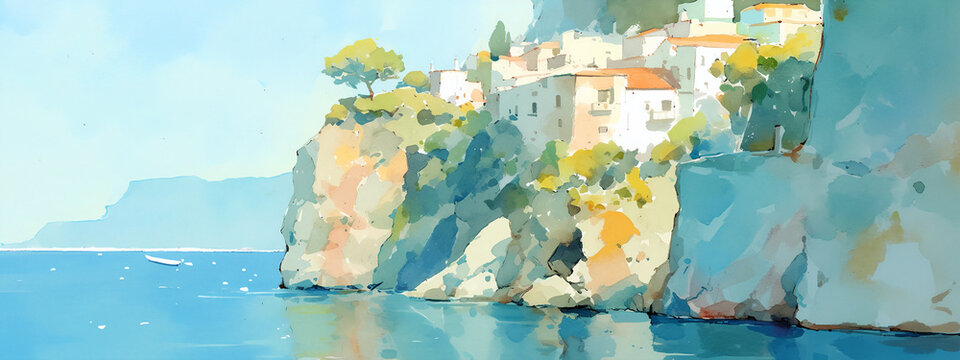Minimalist watercolor landscape of the Amalfi coast. Italian houses on a large cliff overlooking the blue Mediterranean sea