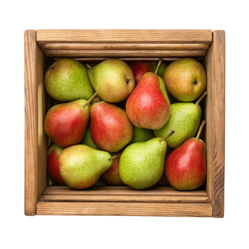 Top view of wooden orchard crate filled with fresh pears isolated