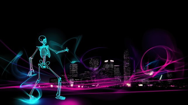 Night scene with glowing neon outline of a skeleton dancing in front of a city skyline