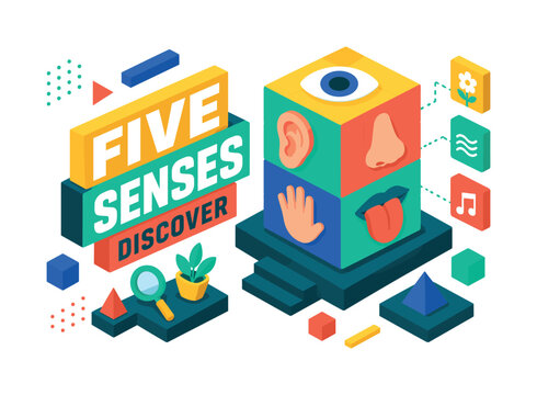 Five Senses Symbols , oversized sensory cube with bold geometric depth, floating perception blocks and discovery platform accents, asymmetric editorial layout, warm yellow and mint with coral accents,