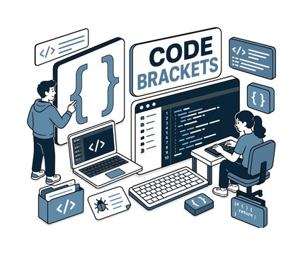 Code Brackets Set banner showing two developers around an oversized curly bracket board and giant code editor screen, laptop, syntax cards, keyboard, bug note, and project folder filling all edges,
