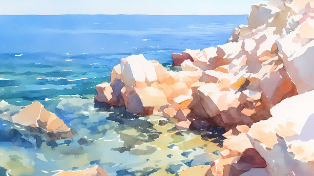 Watercolor illustration of rocky Mediterranean shore. Clear shallow water and deep blue sea. Summer vacation landscape