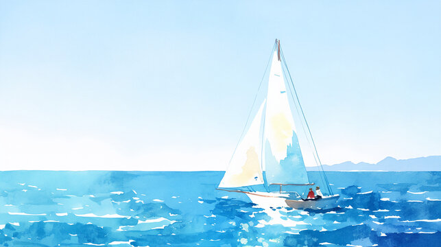 Watercolor illustration of a white sailboat on the Mediterranean sea. Maritime landscape with distant hills