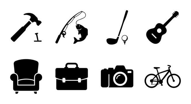 Hobby Icons Set: Guitar, Golf, Fishing, Camera, Bike, Tools, Briefcase, Armchair