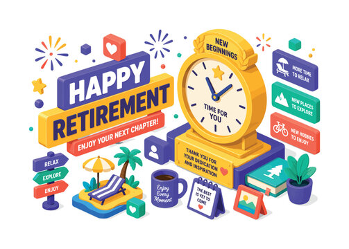 Happy Retirement Banner , oversized golden milestone clock with bold geometric depth, floating celebration blocks and calm leisure platforms, asymmetric editorial layout, warm yellow and soft purple