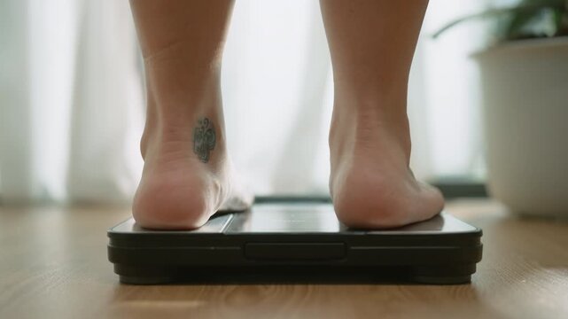 Plus Size Woman Stepping on Weighing Scale During Weight Management Journey