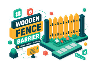Obraz premium Wooden Fence Barrier , oversized picket fence with bold geometric depth, floating boundary blocks and garden platform accents, asymmetric editorial layout, deep teal and warm yellow with mint accents,
