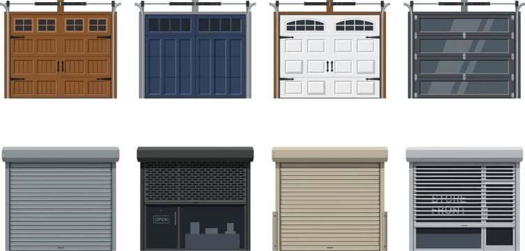 Residential garage overhead doors and commercial metal roller shutters flat vector design set