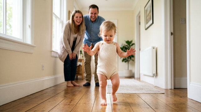 Excited toddler in a cream romper taking first independent steps on a warm wooden floor in a bright hallway while both parents laugh with joy behind the child.