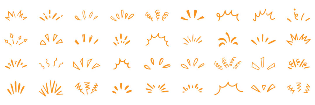 doodle line sparkle vector set, comic style decorative lines, burst effects, and dynamic radial patterns. Hand drawn pop surprise line frame for title headline illustration. Doodle sparkle and rays.